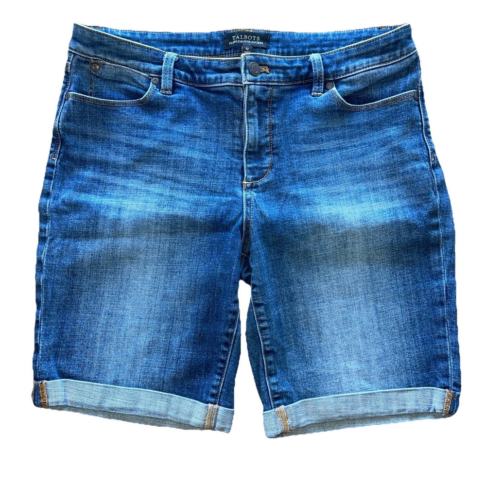 Talbots Shorts 10 Blue Denim 9" Inseam Rolled Cuff Stretch Modest Classic Jeans‎
